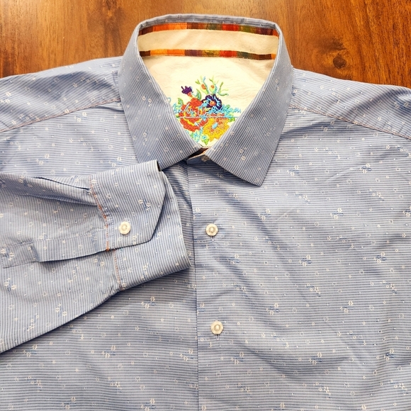 Robert Graham Men’s Shirt Blue XL Floral Allover Silk Embroidery XL Flip Cuffs - Picture 6 of 10